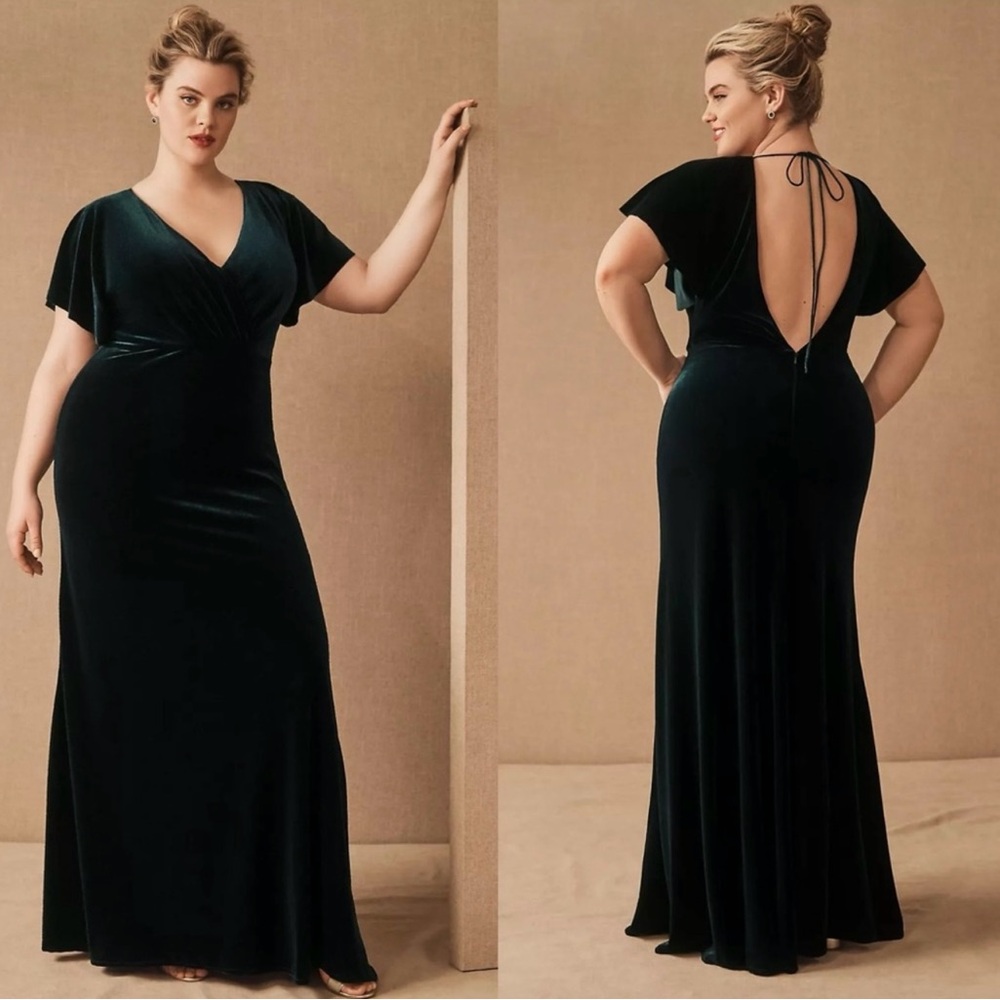 Anthropologie Jenny Yoo Dark Green Velvet Backless Gown